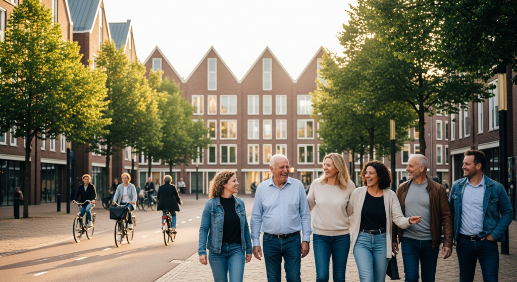 Wandelgroep van volwassenen in gesprek op een Nederlands stadsplein, fietsers op de achtergrond